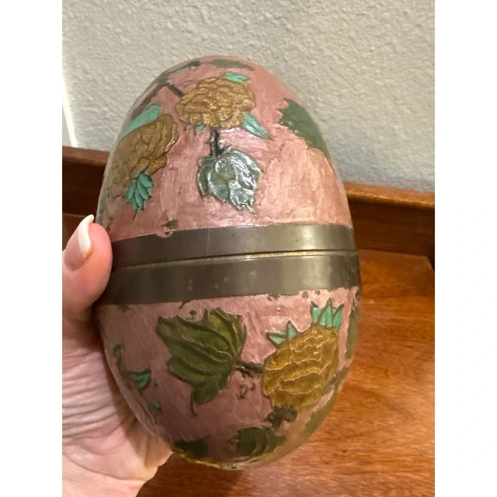 Enamel‎ Painted Large Brass Egg Trinket Box with Stand 8